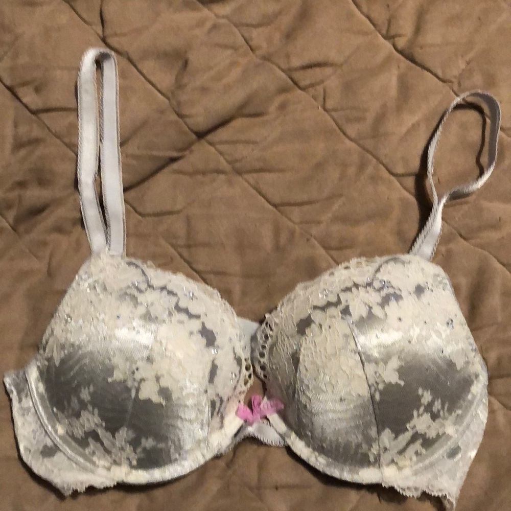 Silver with white lace bra with embellishments
